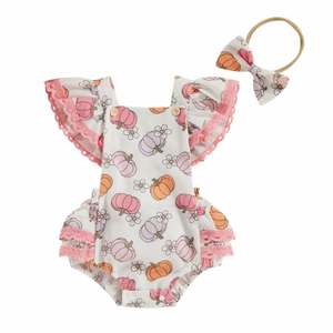 Pumpkins & Daisies Pink Lace Romper & Bow - PREORDER