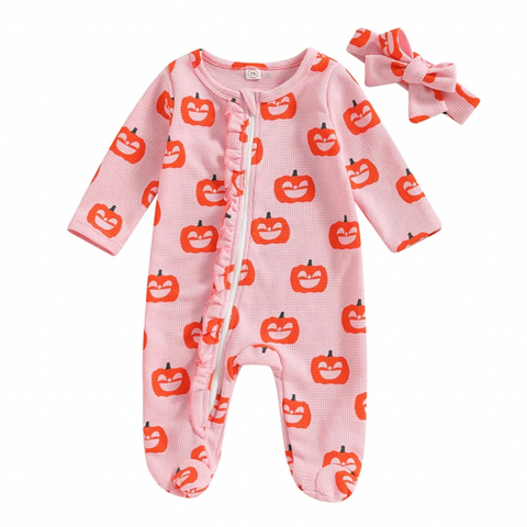 Pink Carved Pumpkins Waffle Romper & Bow - PREORDER