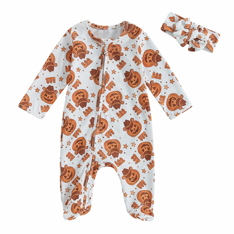 Cowgirl Carved Pumpkins Romper & Bow - PREORDER