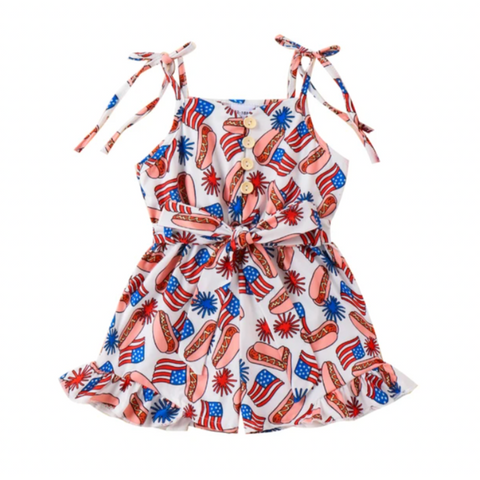 Hot Dogs + Fireworks + American Flags Ruffle Tie Shorts Romper - PREORDER