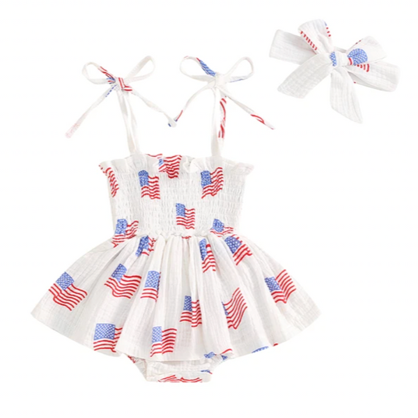 Wavy American Flags Romper Dresses & Bows (2 Styles) - PREORDER