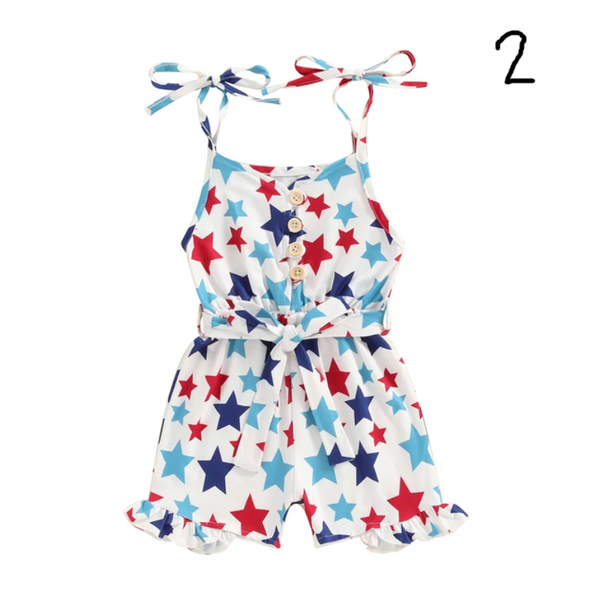 Red, White & Blue Stars Ruffle Tie Shorts Rompers (2 Styles) - PREORDER