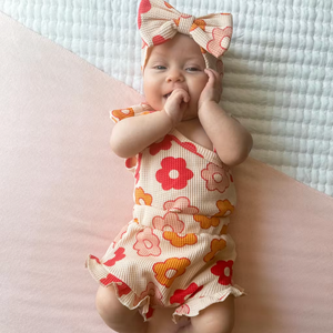 Kayla Floral Waffle Tank Bow Outfit & Bow - PREORDER