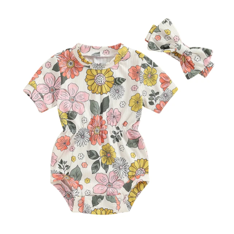 Kerah Floral Ribbed Romper & Bow - PREORDER