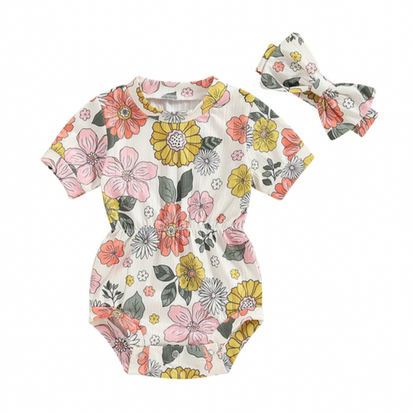 Kerah Floral Ribbed Romper & Bow (2 Styles) - PREORDER