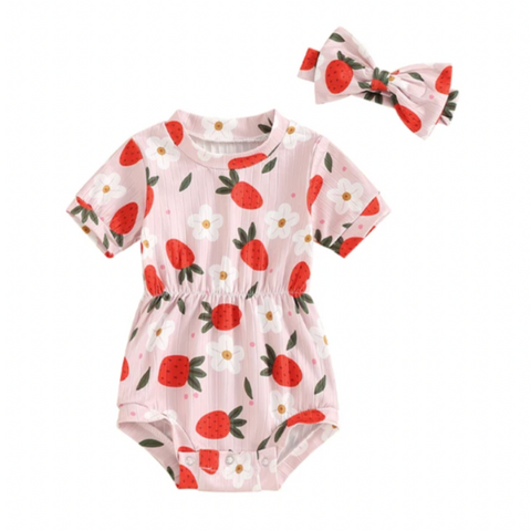 Strawberries & Daisies Floral Ribbed Romper & Bow - PREORDER