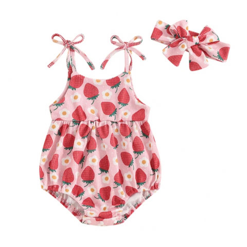 Strawberries & Daisies Tie Waffle Romper & Bow - PREORDER