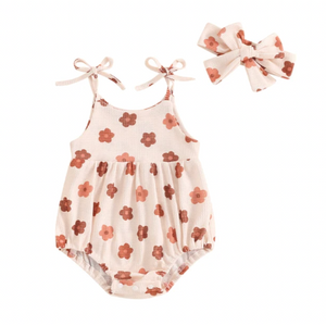 Neutral Kenzie Floral Tie Waffle Romper & Bow - PREORDER