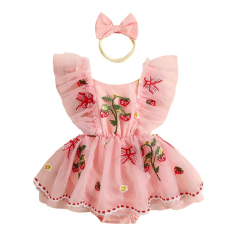 Pink Strawberries & Bows Romper Dress & Bow - PREORDER