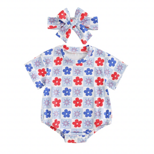 Checkered Fireworks & Daisies Romper & Bow - PREORDER