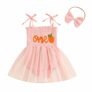 ONE Cutie Embroidered Tutu Romper Dress & Bow - PREORDER