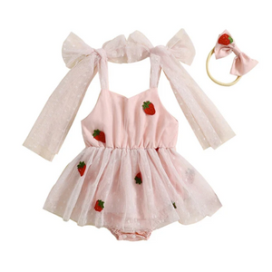 Strawberries Embroidered Tutu Romper Dress & Bow - PREORDER