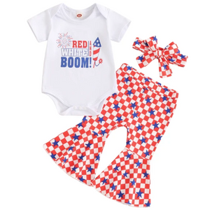 Red White BOOM Checkered Outfit & Bow - PREORDER