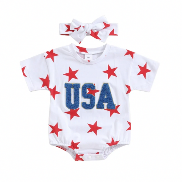 Starry USA Patch Romper & Bow - PREORDER