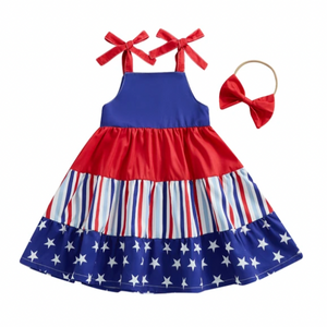 Red White Stripes & Stars Tie Dress & Bow - PREORDER