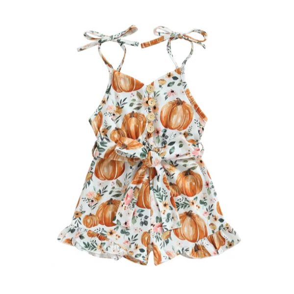 Greenery Floral Pumpkins Tie Shorts Ruffle Romper - PREORDER