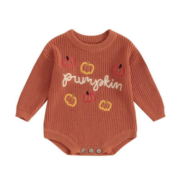 Pumpkin Embroidered Knit Rompers (2 Colors) - PREORDER