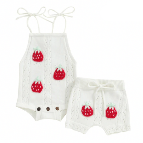 Neutral Knit Strawberries Tie Ruffles Outfit - PREORDER
