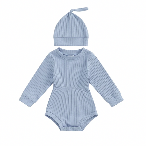 Solid Ribbed Rompers & Hats (4 Colors) - PREORDER