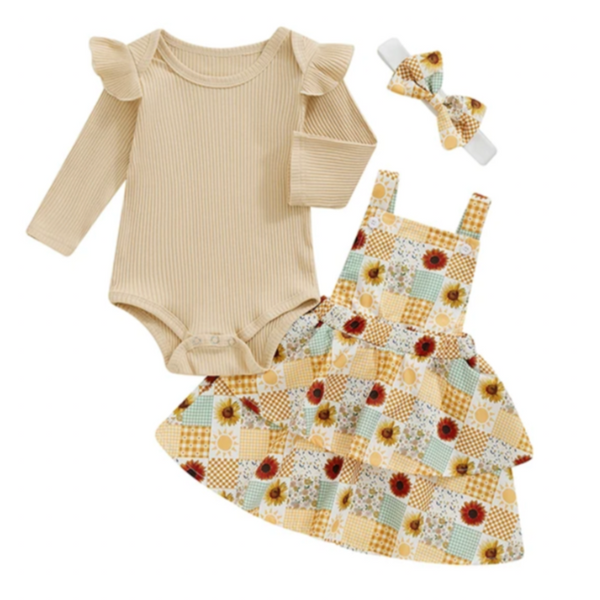 Fall Patchwork Overalls Outfit Dress & Bow - PREORDER