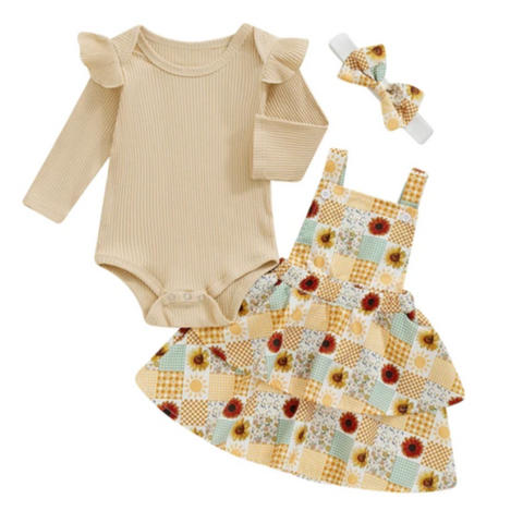 Fall Patchwork Overalls Outfit Dress & Bow - PREORDER