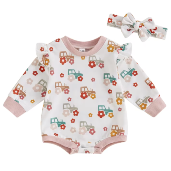 Daisy Tractors Romper & Bow - PREORDER