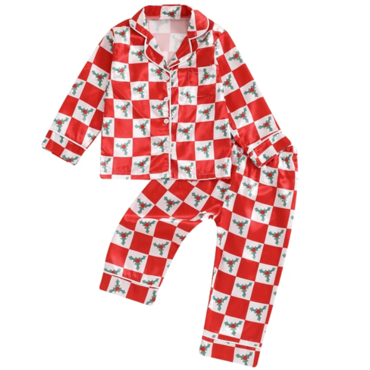 Checkered Mistletoes Silk Pajamas - PREORDER