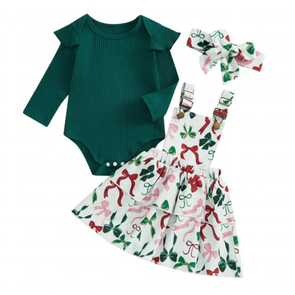 Christmas Bows Overalls Outfit Dress & Bow - PREORDER