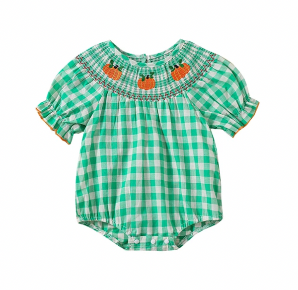 Plaid Pumpkins Puff Sleeve Embroidered Rompers (5 Colors) - PREORDER