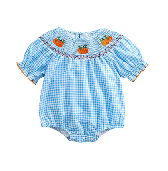 Plaid Pumpkins Puff Sleeve Embroidered Rompers (5 Colors) - PREORDER