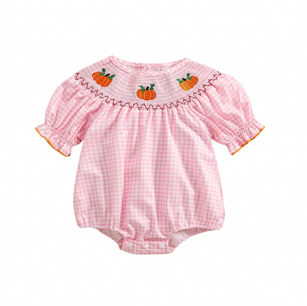 Plaid Pumpkins Puff Sleeve Embroidered Rompers (5 Colors) - PREORDER