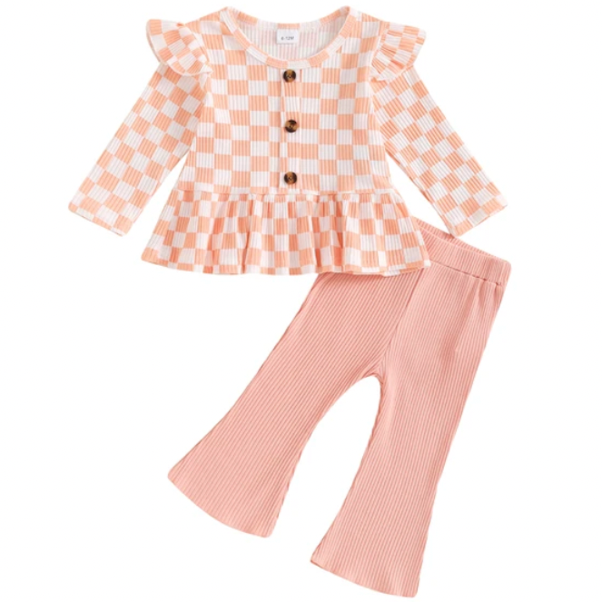 Pink Checkered Ribbed Bells Outfit - PREORDER