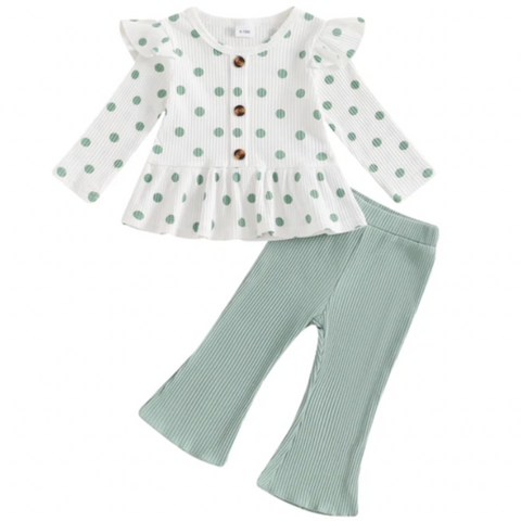 Green Polka Dots Ribbed Bells Outfit - PREORDER