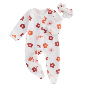 Neutral Kenzie Waffle Zipper Footie Romper & Bow - PREORDER