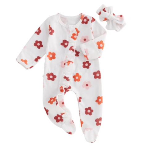 Neutral Kenzie Waffle Zipper Footie Romper & Bow - PREORDER