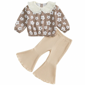 Neutral Daisies Smocked Ribbed Bells Outfit - PREORDER