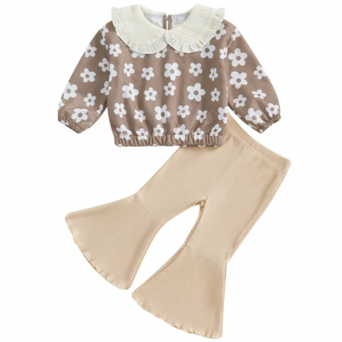 Neutral Daisies Smocked Ribbed Bells Outfit - PREORDER