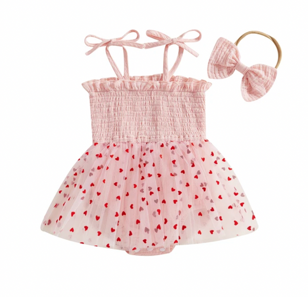 Mini Hearts Tutu Romper Dresses & Bows (2 Colors) - PREORDER