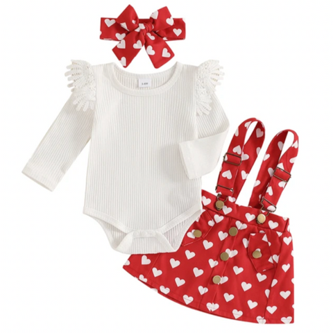 Mini Hearts Overalls Dress Outfit & Bow - PREORDER