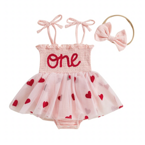 ONE Mini Hearts Tutu Romper Dress & Bow - PREORDER