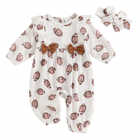 Footballs Bows Pants Romper & Bow - PREORDER