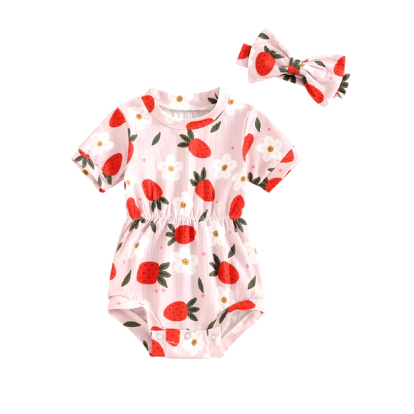 Strawberries & Daisies Ribbed Romper & Bow (2 Styles) - PREORDER