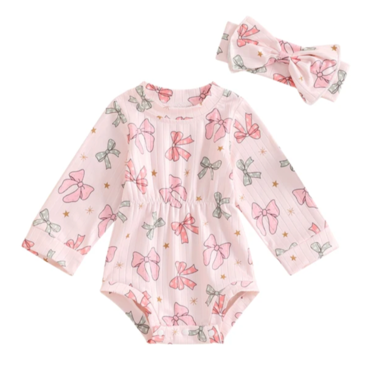 Pink Christmas Bows Ribbed Romper & Bow - PREORDER