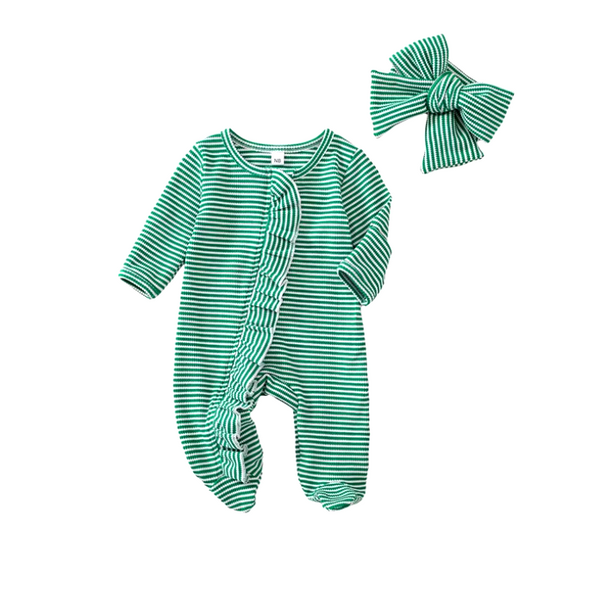 Christmas Striped Waffle Zipper Footie Romper & Bow (2 Colors) - PREORDER