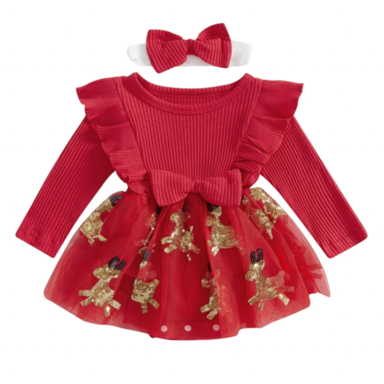 Reindeer Tutu Romper Dress & Bow - PREORDER