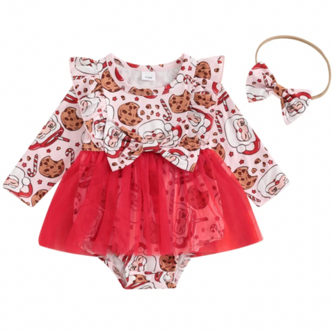 Santas Milk & Cookies Tutu Romper Dress & Bow - PREORDER