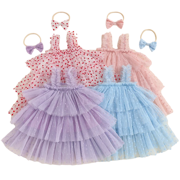 Mini Hearts Triple Ruffle Tutu Dresses & Bows (4 Colors) - PREORDER