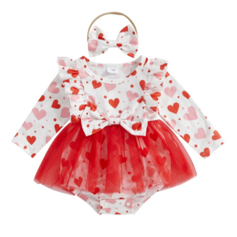 Pink & Red Hearts Tutu Romper Dress & Bow - PREORDER