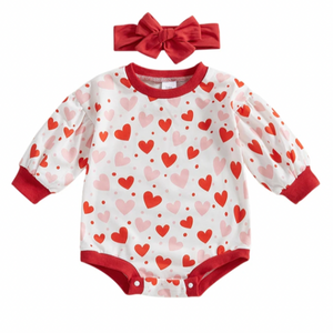 Pink & Red Hearts Romper & Bow - PREORDER