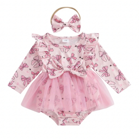 Pink Valentine Bows Tutu Romper Dress & Bow - PREORDER